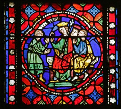Raam met scène uit het leven van Sint Bonnet: Sint Bonnet die een privé-missie krijgt van Sigebert door French School